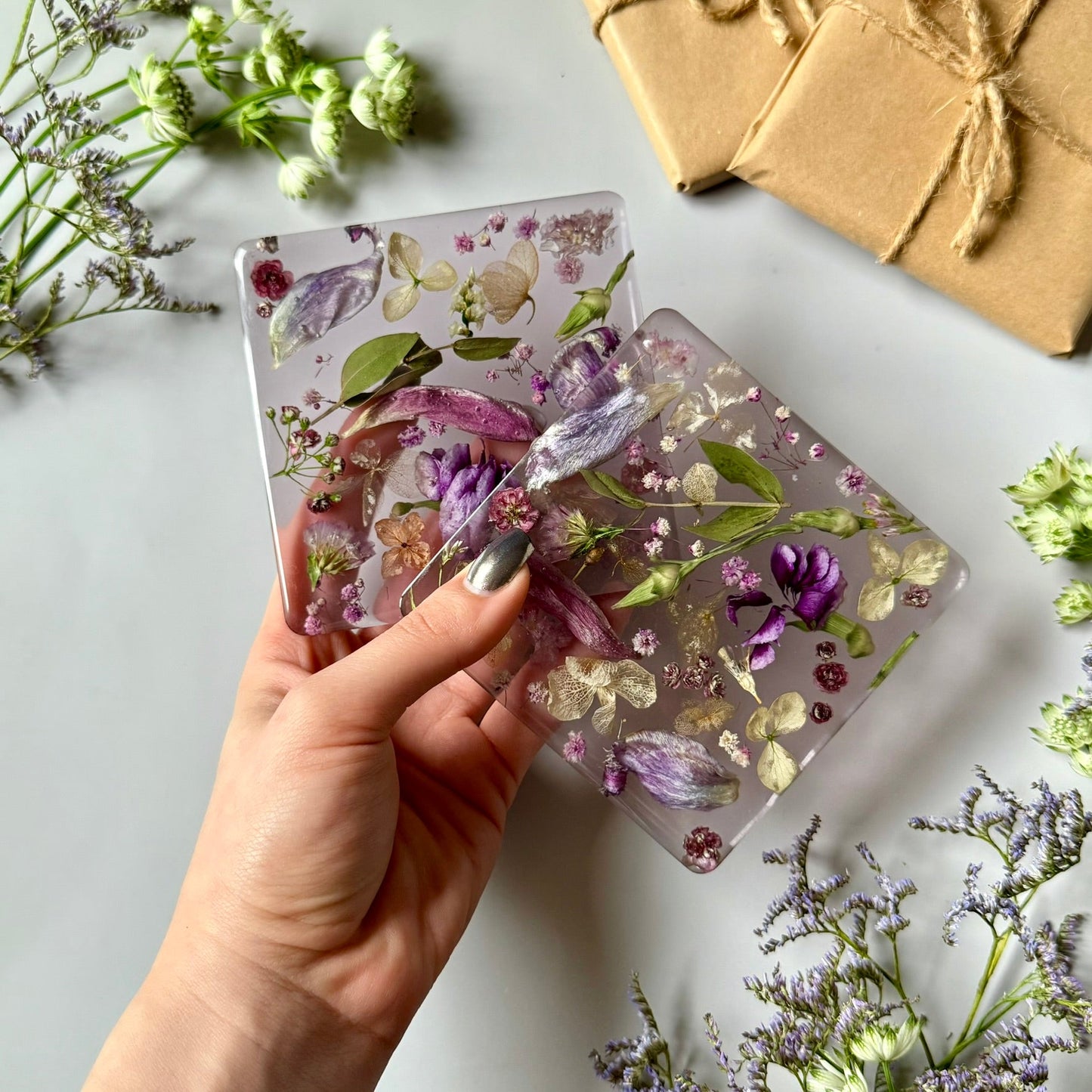 Pink Resin Coasters with Real Dried Flowers
