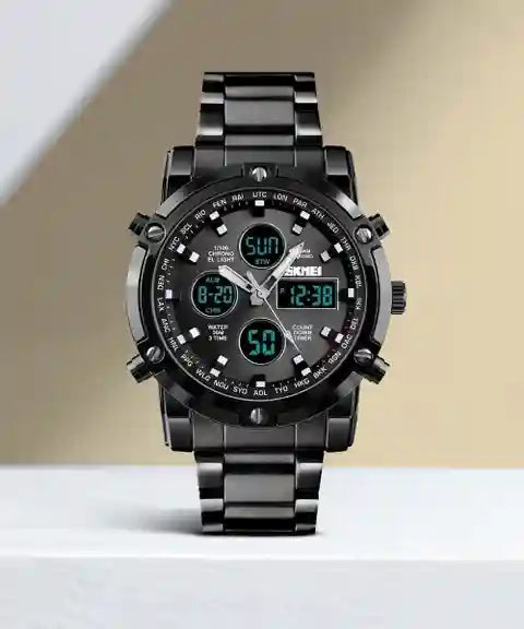 SKMEI 1389 Men's Analog-Digital Sports Watch – Silver & Black